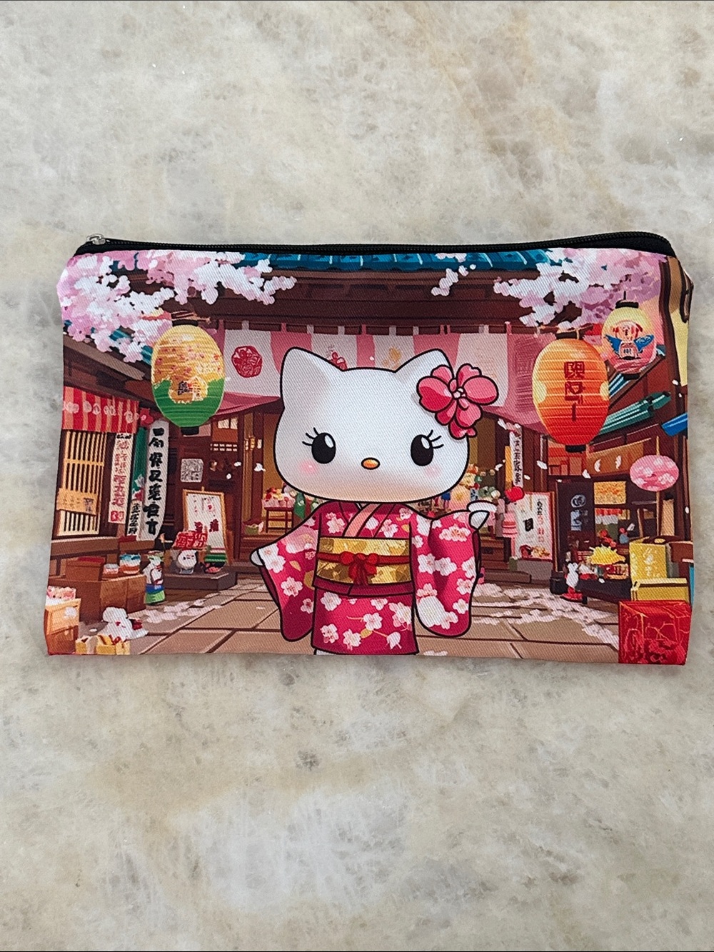 Hello Kitty Pink Floral Kimono Zip Pouch with Red and Yellow Accents - Picture 1 of 2